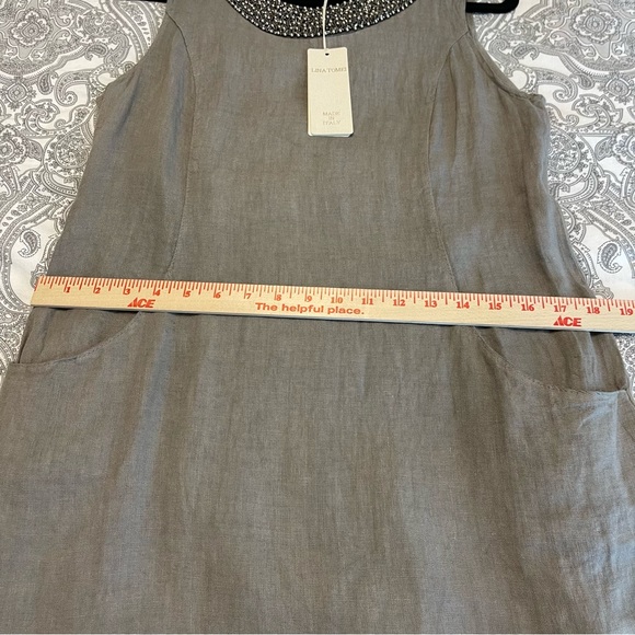 Lina Tomei 100% Linen Gray Sheath Dress Womens Medium Beaded Neck Stretch NWT - Picture 11 of 13
